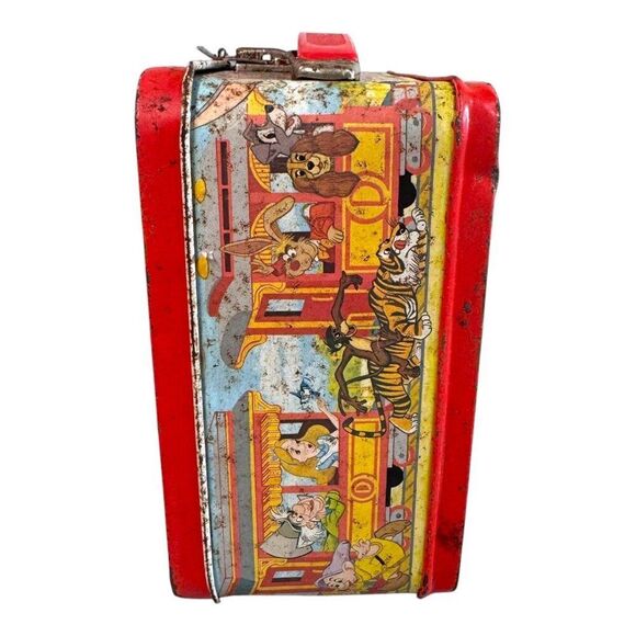 Vintage Disney Express Metal Lunchbox Train Theme Mickey Mouse Distress Red READ - Picture 7 of 16